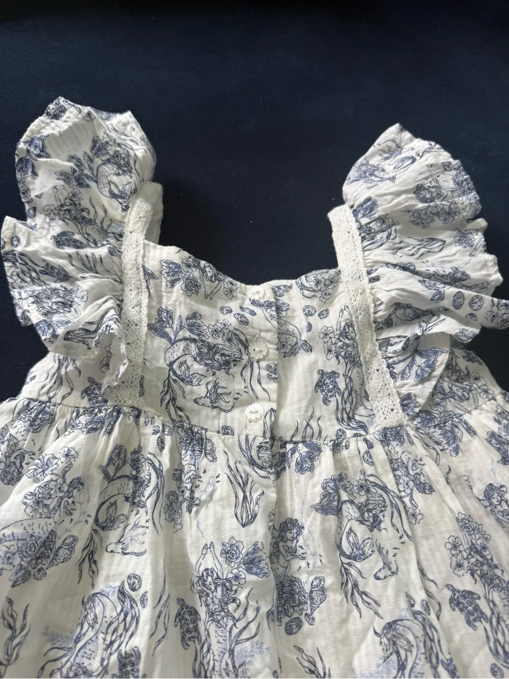 Girls Ruffled Sundress in White with Blue mermaids
